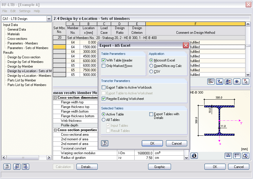 Export-Einstellungen für MS Excel