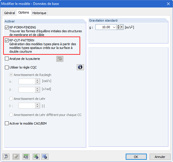 Activation de RF-CUTTING-PATTERN dans les Données de base de RFEM