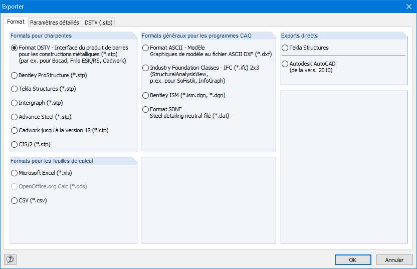 Options d'exportation