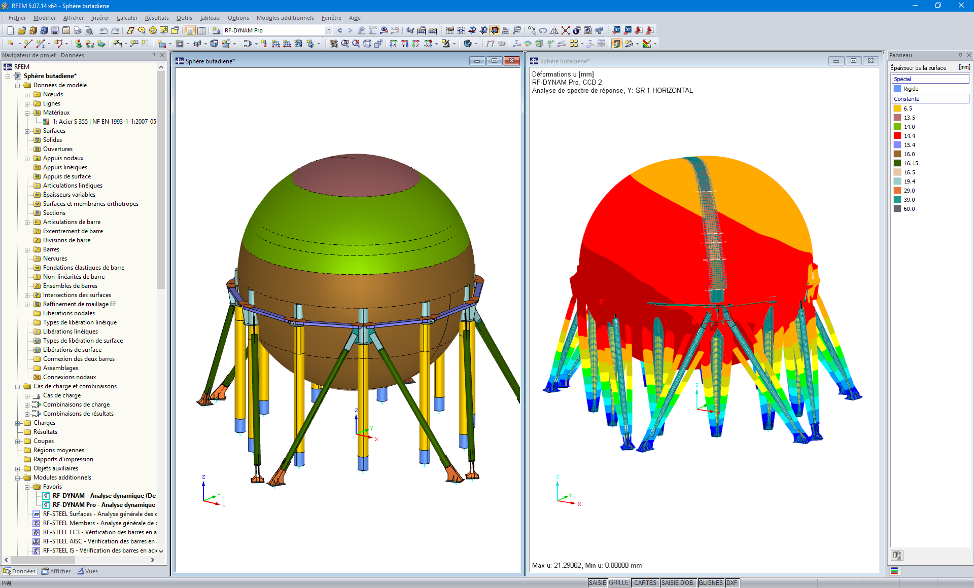 Analytisches 3D-Modell in RFEM (links) und in RF-DYNAM Pro berechnete Eigenform (rechts)