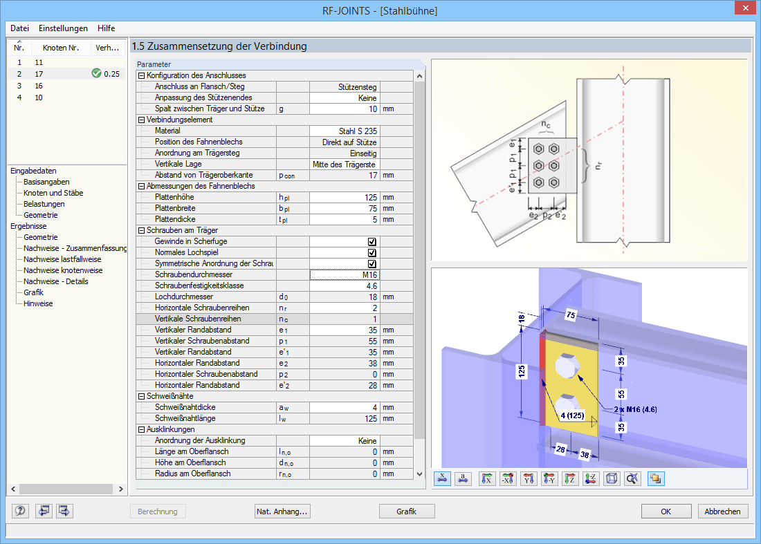 Parameter eines Fahnenblech-Anschlusses in RF-JOINTS Stahl - Gelenkig