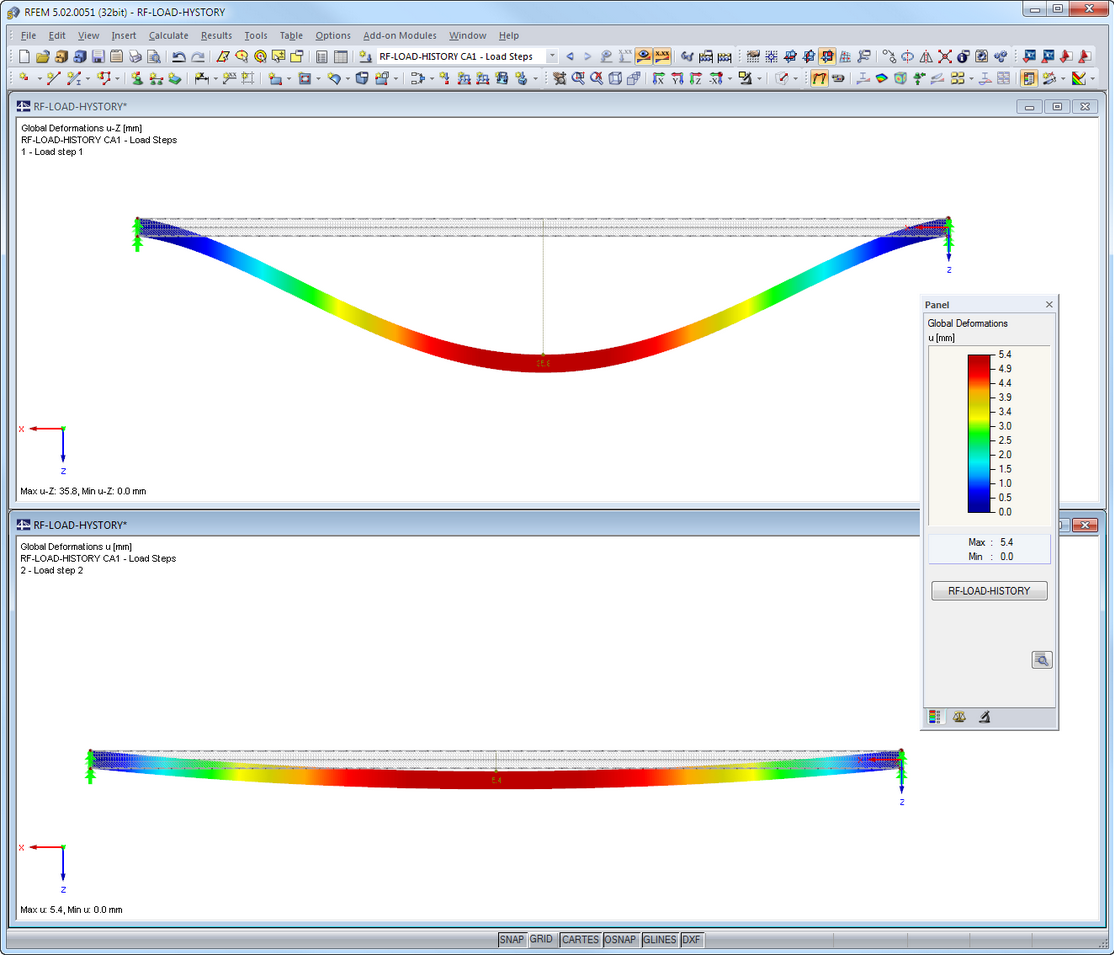 Darstellung der Verformung unter Volllast sowie plastische Verformung nach Entlastung in RFEM