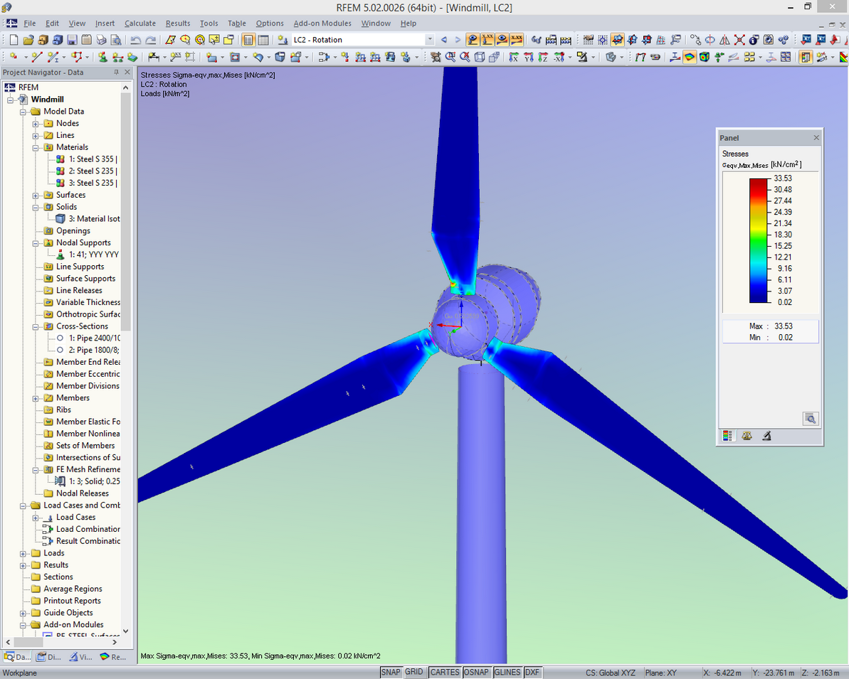 Spannungsanalyse eines Windrades in RFEM mit automatisch generierter Belastung aus Rotation