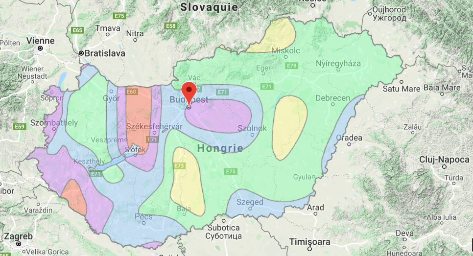 Carte des zones de sismicité en Hongrie