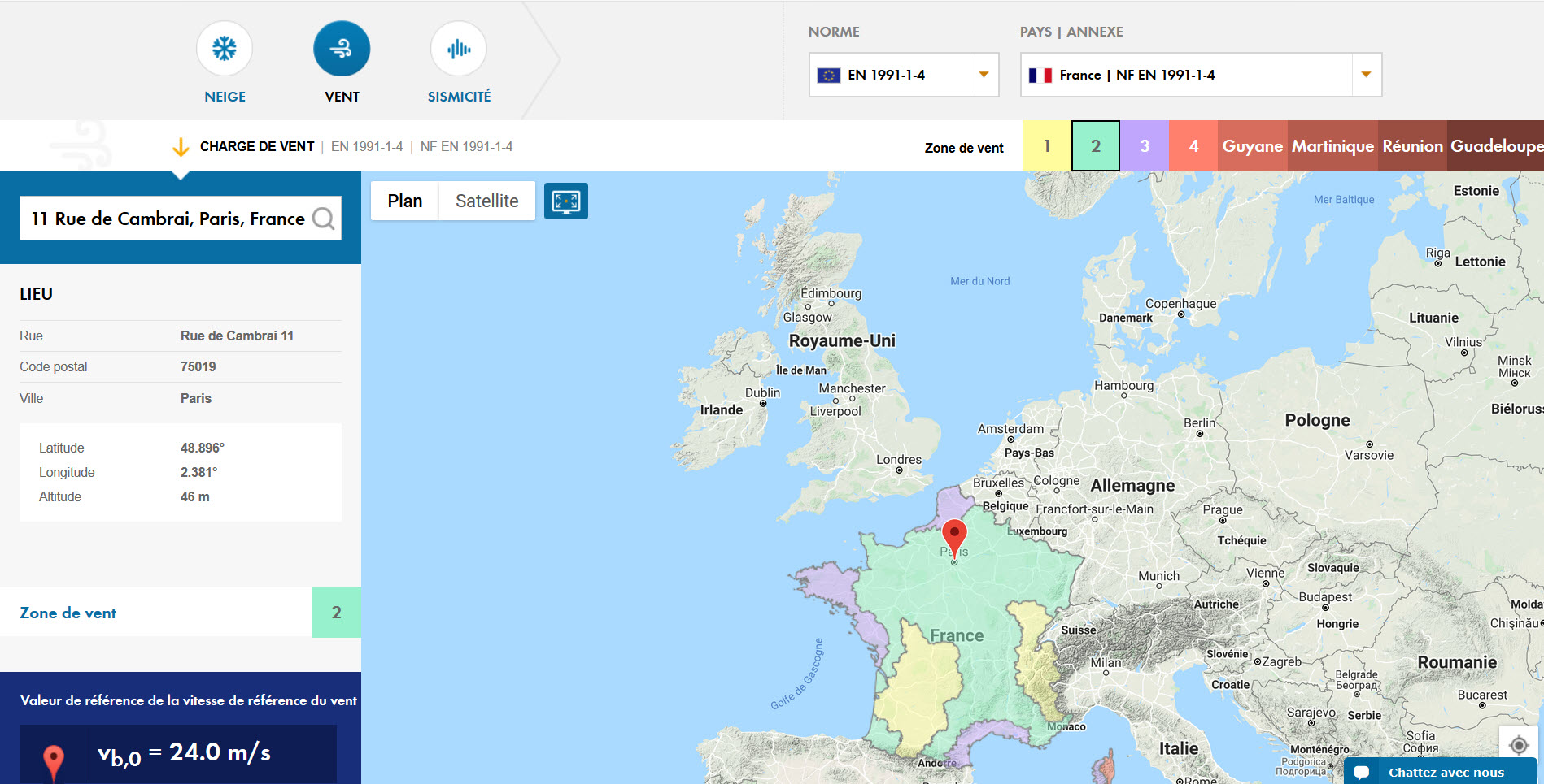 Détermination des charges de vent avec l'outil de géolocalisation en ligne Dlubal grâce à des services de cartographie basés sur le Cloud