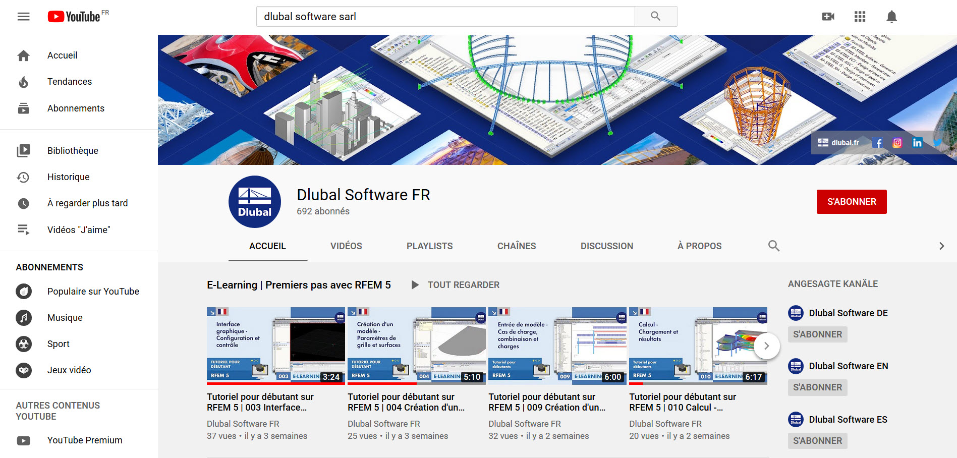 La chaîne YouTube Dlubal avec des webinaires et des vidéos sur divers thèmes portant sur le calcul de structure