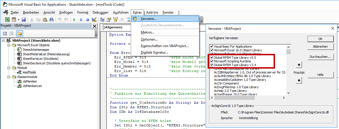 Intégrer les bibliothèques de types RFEM de Dlubal et Microsoft Scripting Runtime