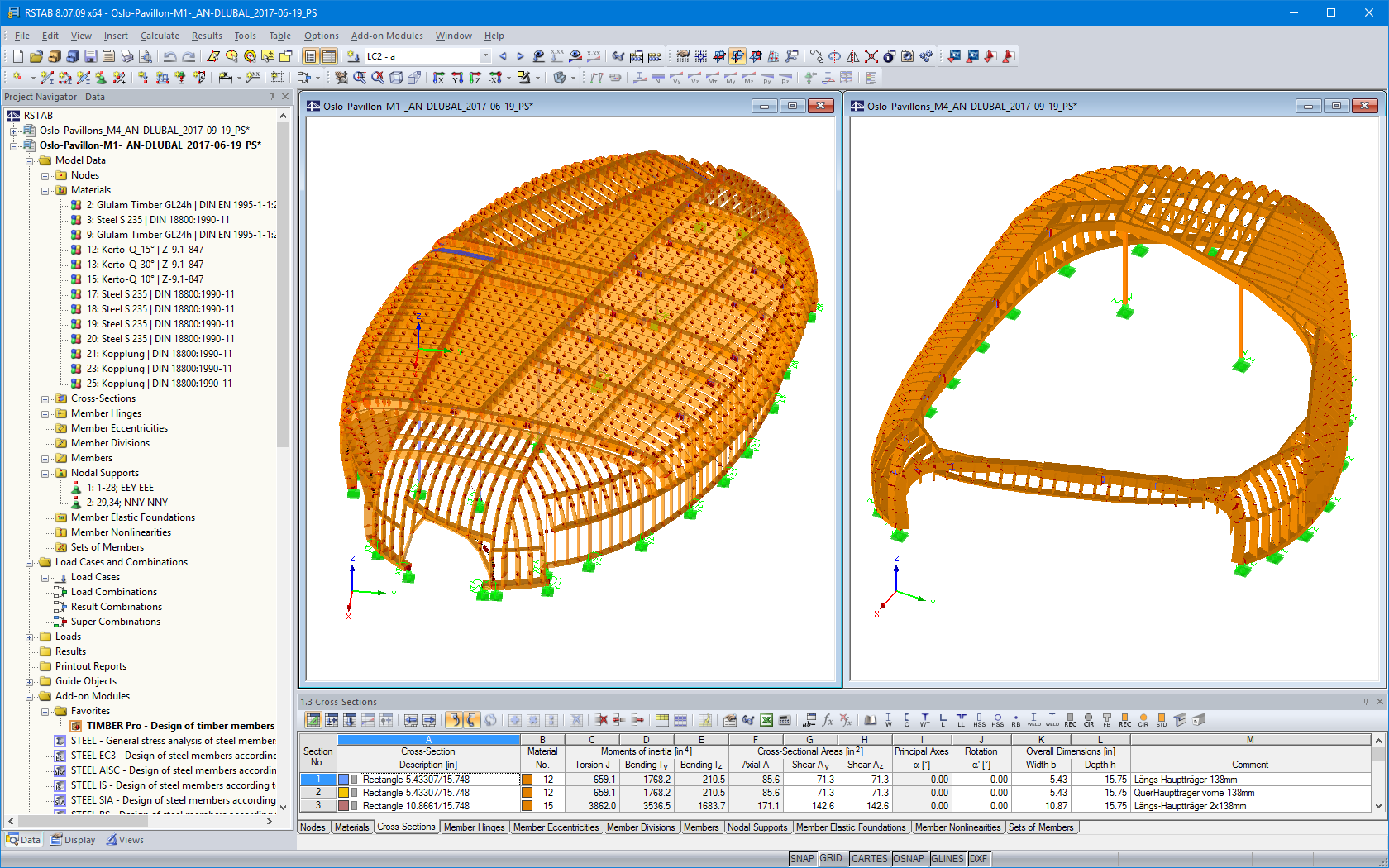 Modèles en 3D des deux pavillons dans RSTAB (© Blumer-Lehmann AG)