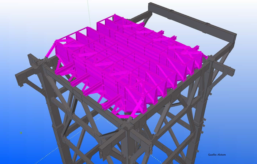 Tekla-Modell des Kesselgerüstes (grau) und der Kesseldecke (pink) (© Alstom)