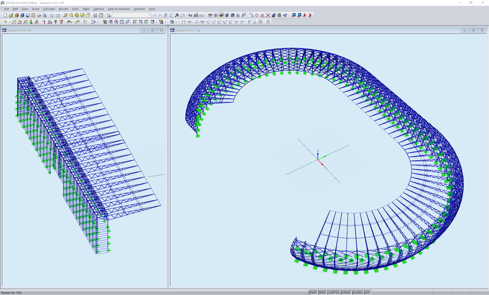 Modèle 3D de la tribune VIP (à gauche) et du stade (à droite) dans RSTAB