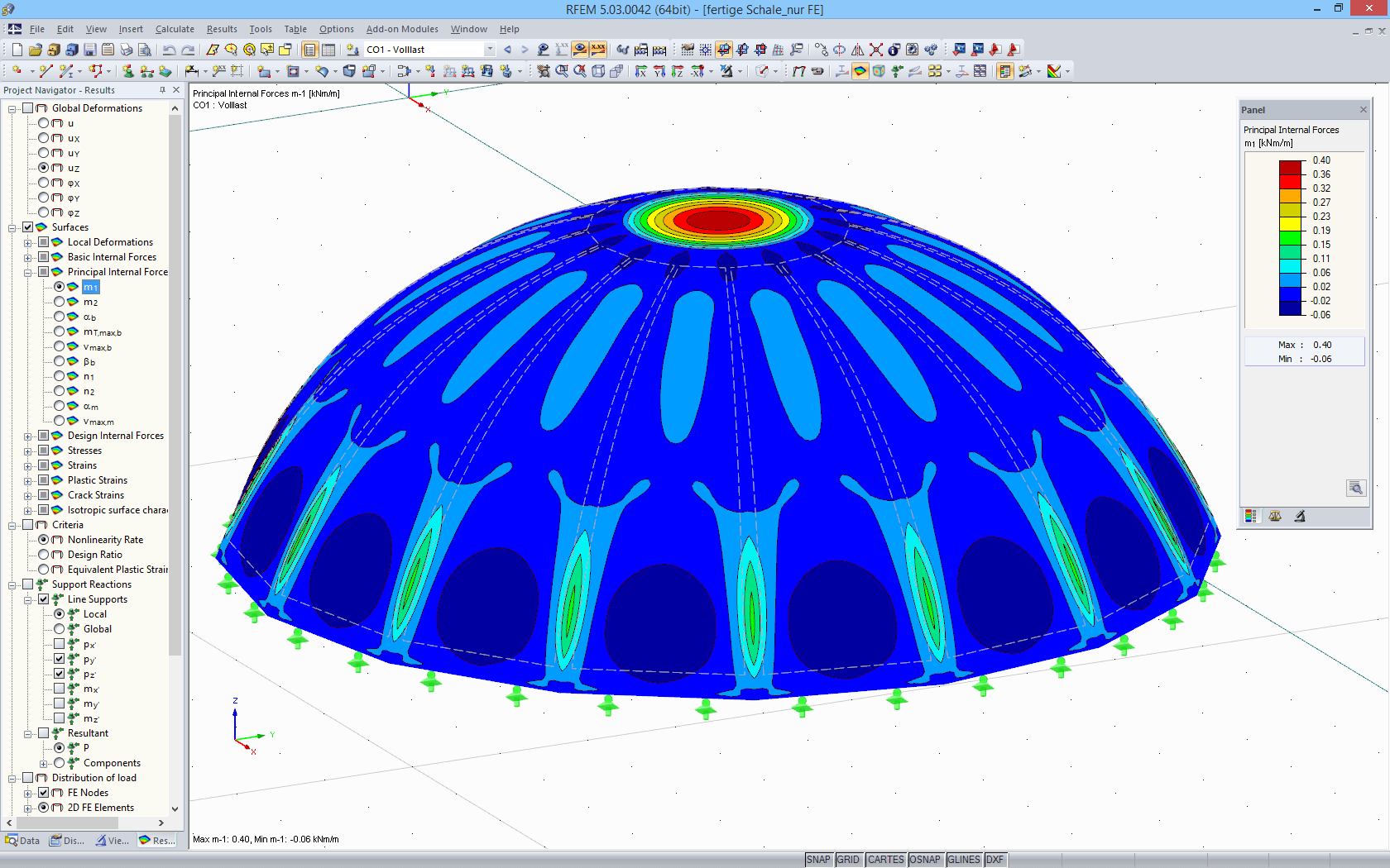 RFEM-Grafik mit Darstellung der max. Momente von 0,40 kNm/m in der Schale (Endzustand) unter Eigengewicht und 1,50 kN/m² Schnee (© TU Wien)