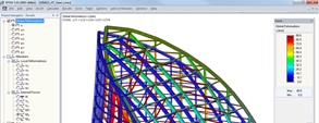 Modèle de structure avec la représentation de la déformation d’une des flèches de tour dans RFEM