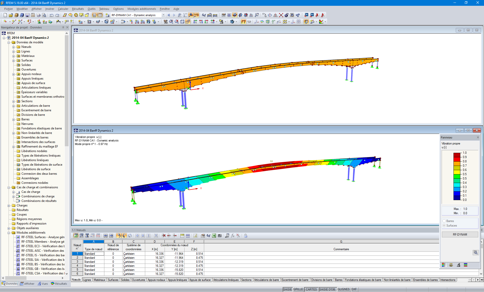 Modèle 3D (haut) et premier mode propre (bas) du pont dans RFEM (© StructureCraft Builders Inc.)