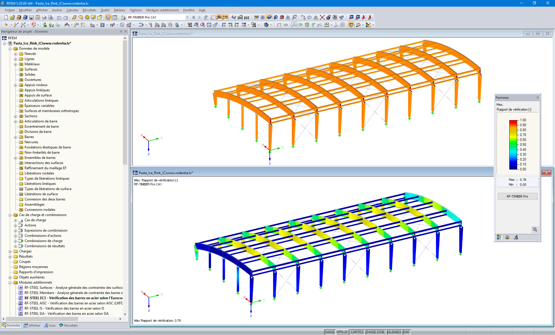 Modèle 3D de la toiture (haut) et résultats de calcul dans RF-TIMBER Pro (bas) dans RFEM (© Rodentia SIA)