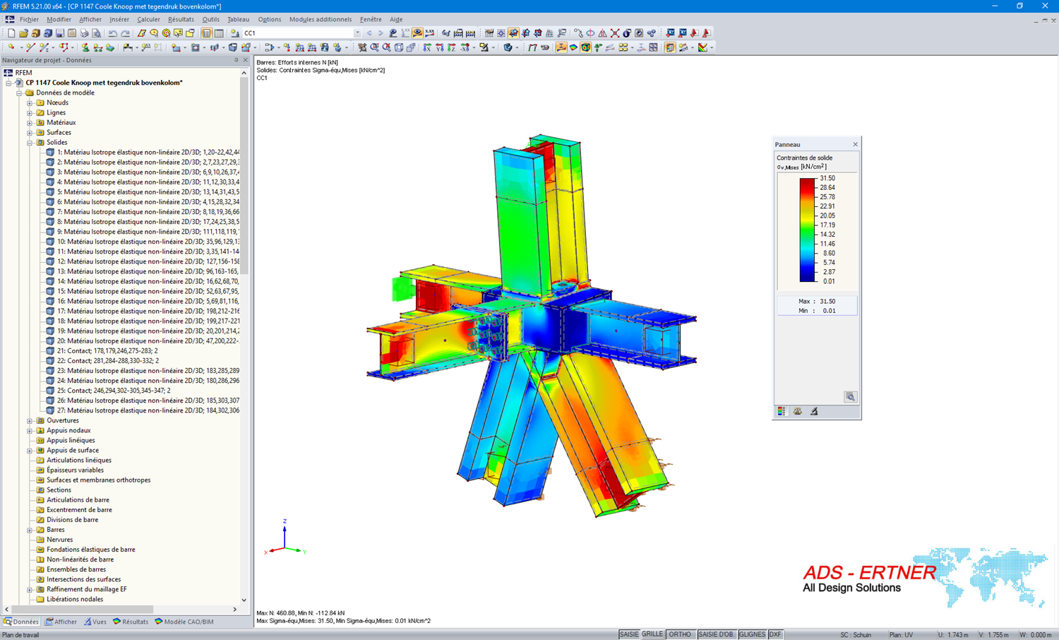 Assemblage avec contraintes équivalentes dans RFEM (© ADS-ERTNER BV)