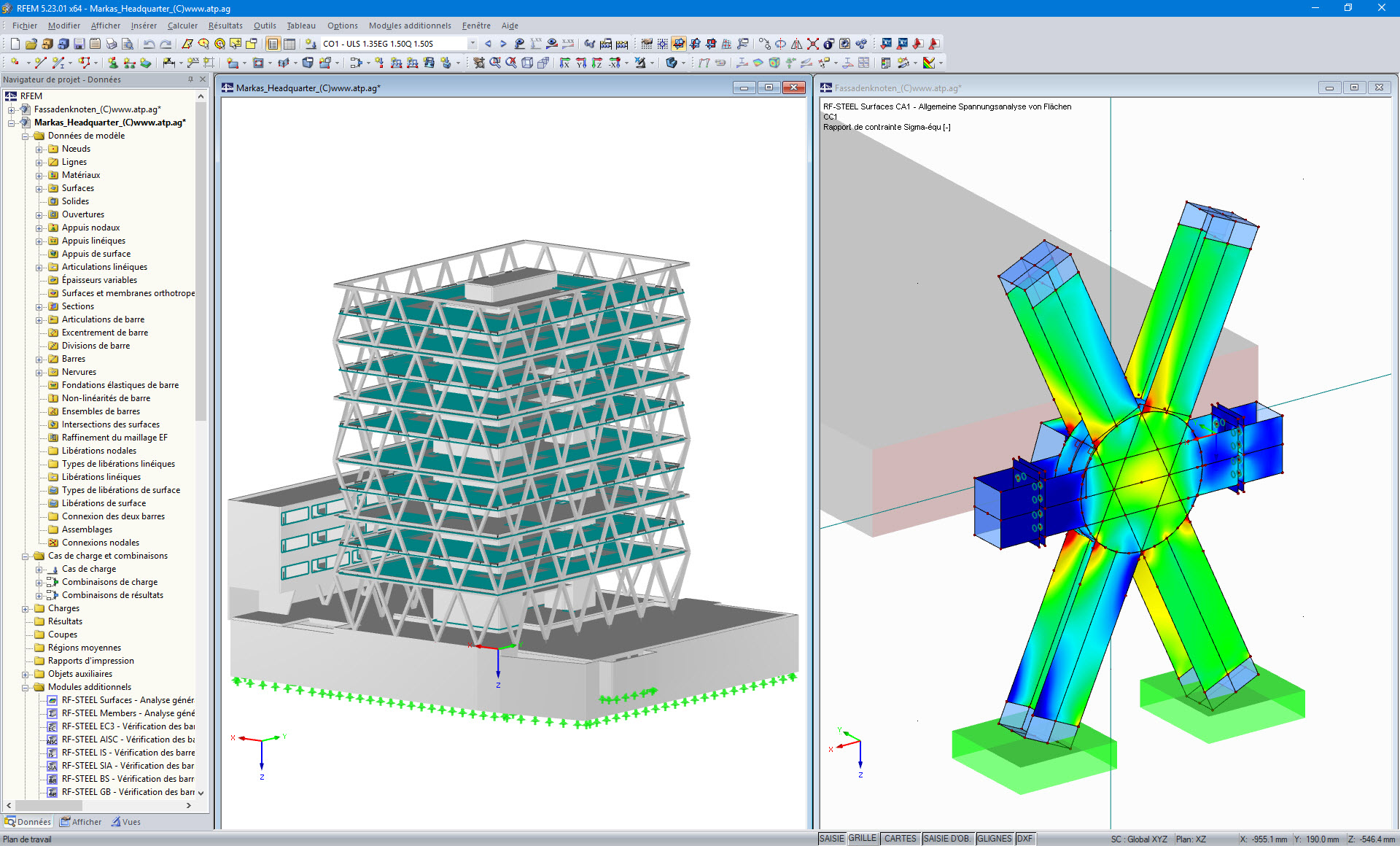 Modèle 3D du siège de la société Markas (à gauche) et analyse des contraintes d'un nœud du treillis dans RFEM (à droite, ©ATP)