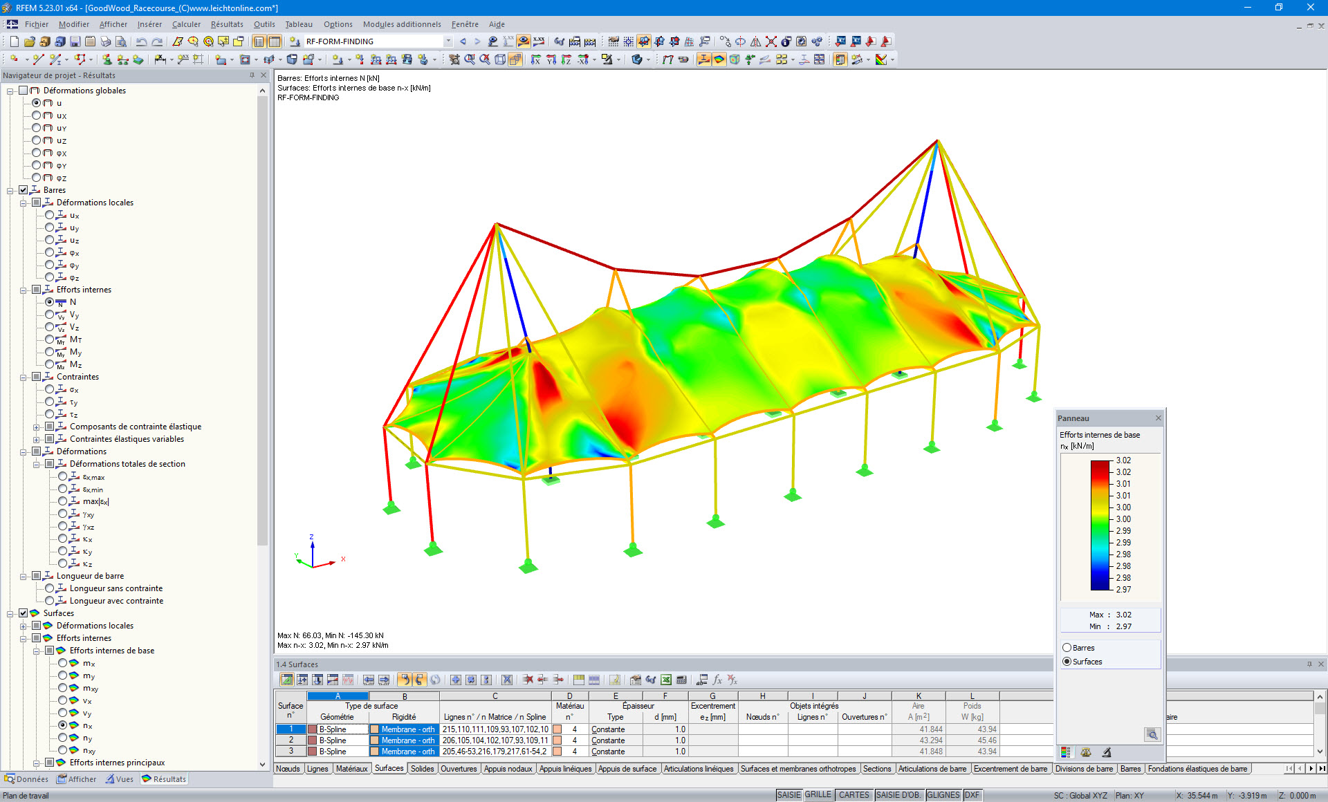 Efforts internes affichés sur le modèle RFEM après la recherche de forme (© www. Leichtonline.com)