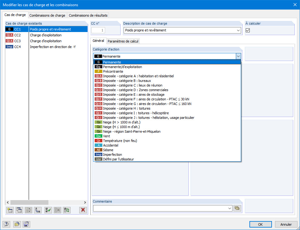 Boîte de dialogue « Modifier les cas de charge et les combinaisons »