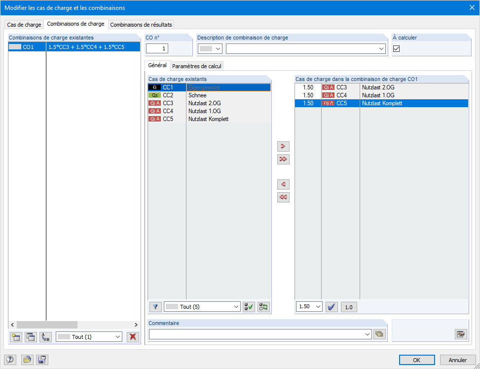 Cas de charge dans la combinaison de charge