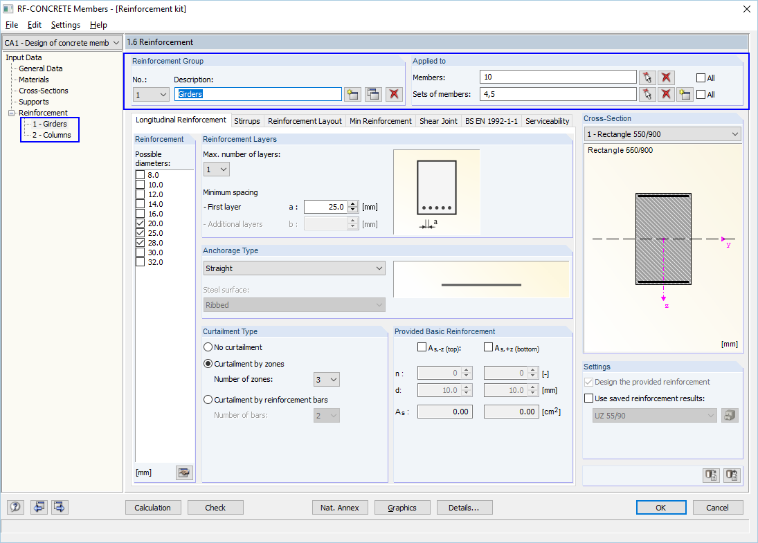 Fenêtre "Armatures 1.6" dans RF-CONCRETE Members