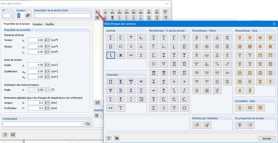 Bibliothèque des sections dans RFEM