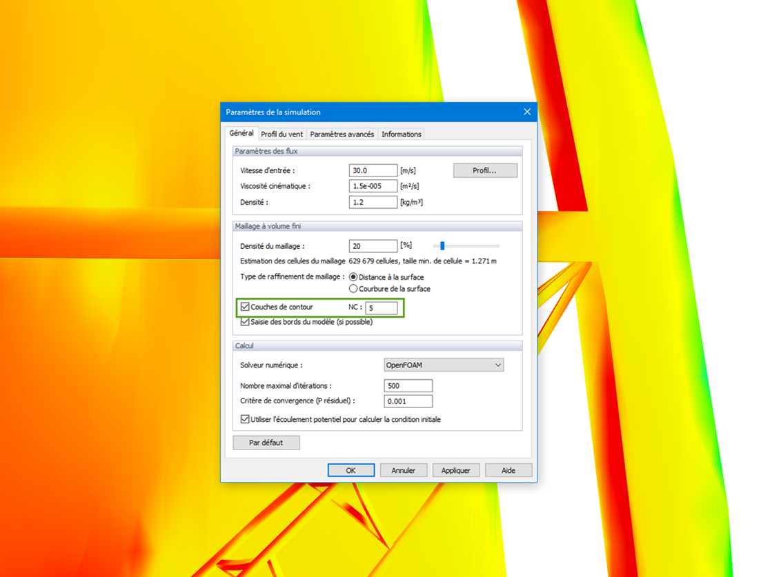 Maillage à couches sur les surfaces d'un modèle dans RWIND Simulation