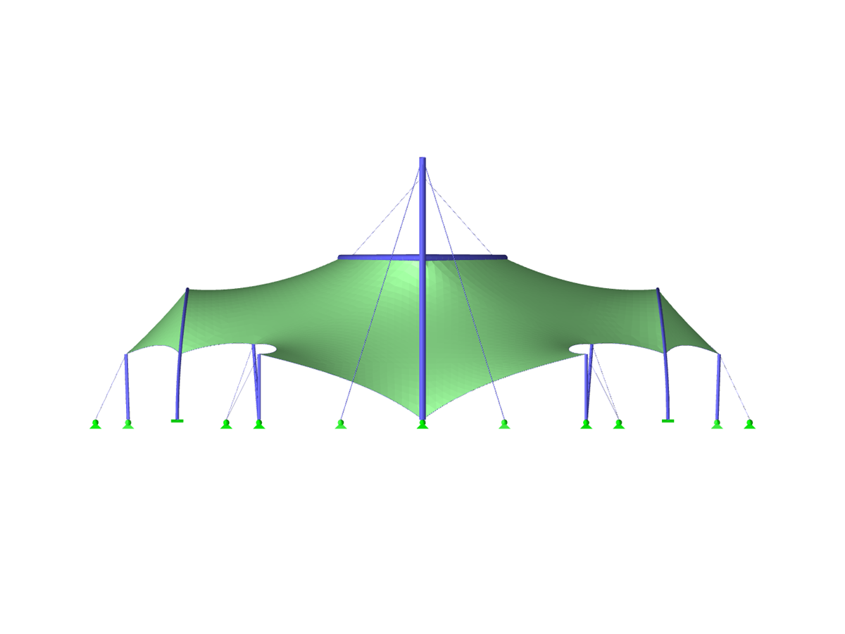 Toiture à membrane avec ouverture circulaire, vue directionnelle sur l'axe X