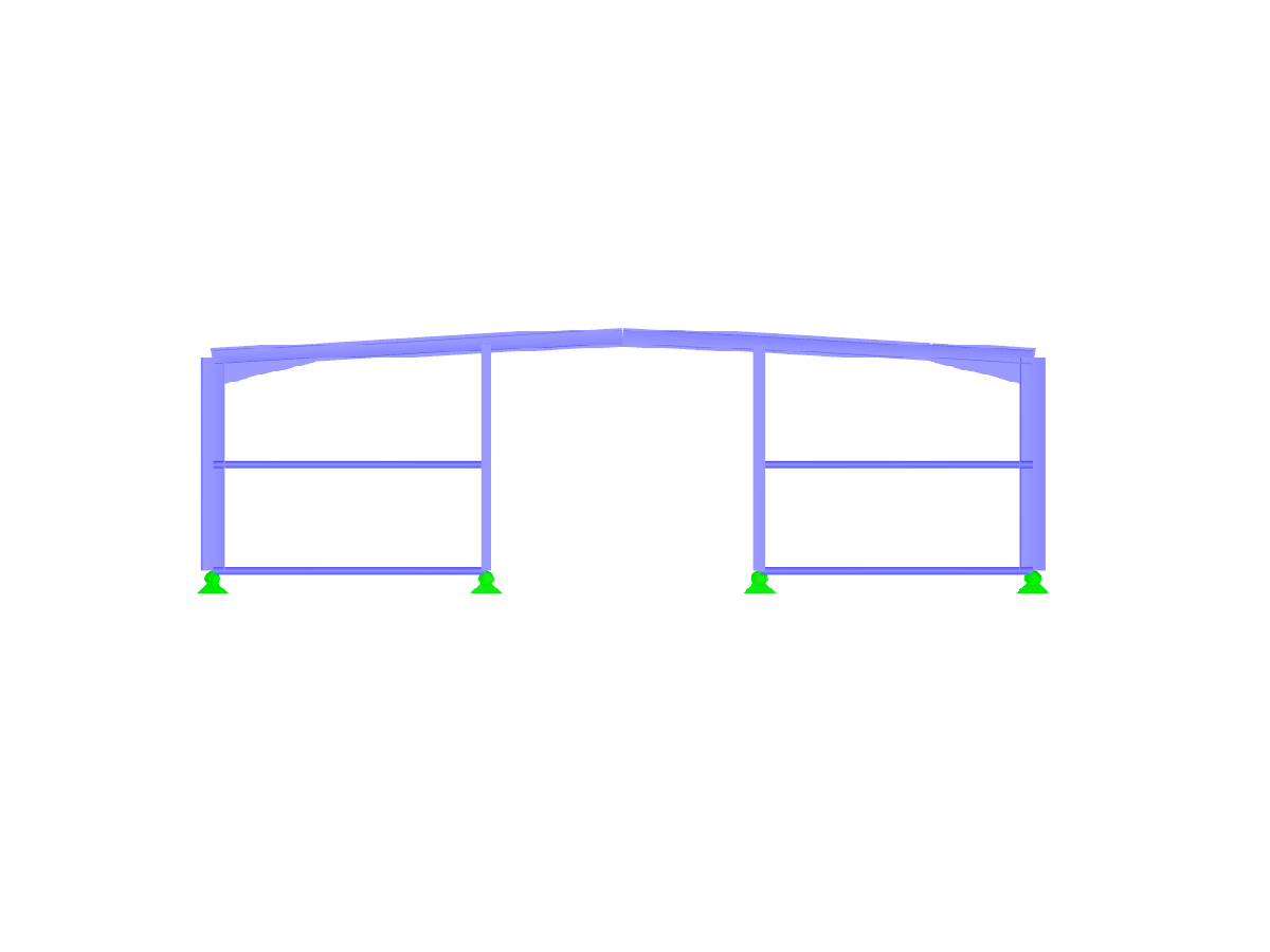 Halle en acier avec une toiture à deux versants plane, vue en direction de l'axe Y