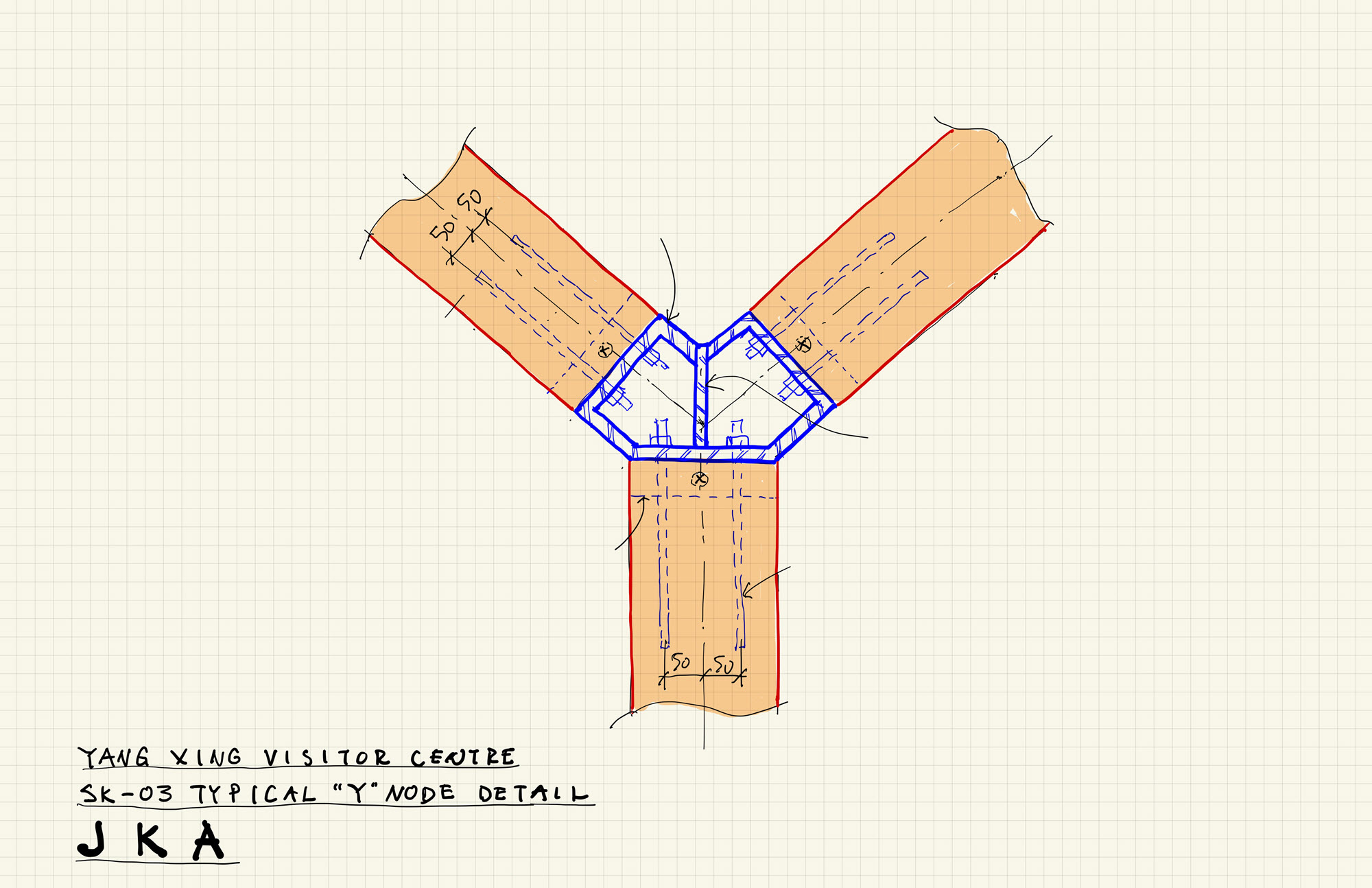 Croquis dessiné à la main d'une connexion en Y (© Jing Kong & Associates Consulting Structural Engineers Inc.)