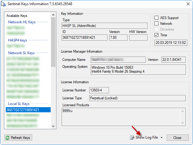 Affichage du dongle disponible dans KeyDump