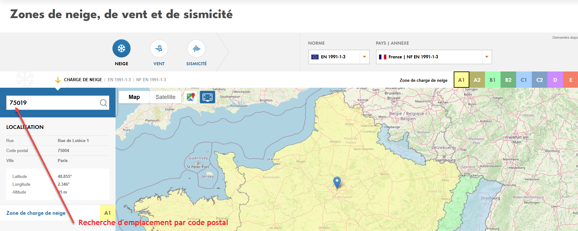 Recherche de la zone de charge de neige et de la charge de neige par code postal