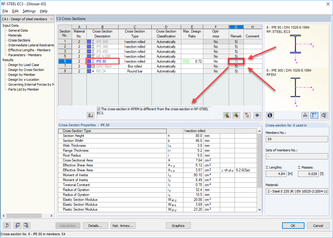 Différentes sections dans RFEM et dans le module additionnel