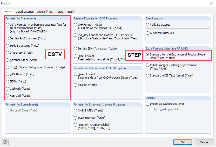 Options d’importation dans RFEM