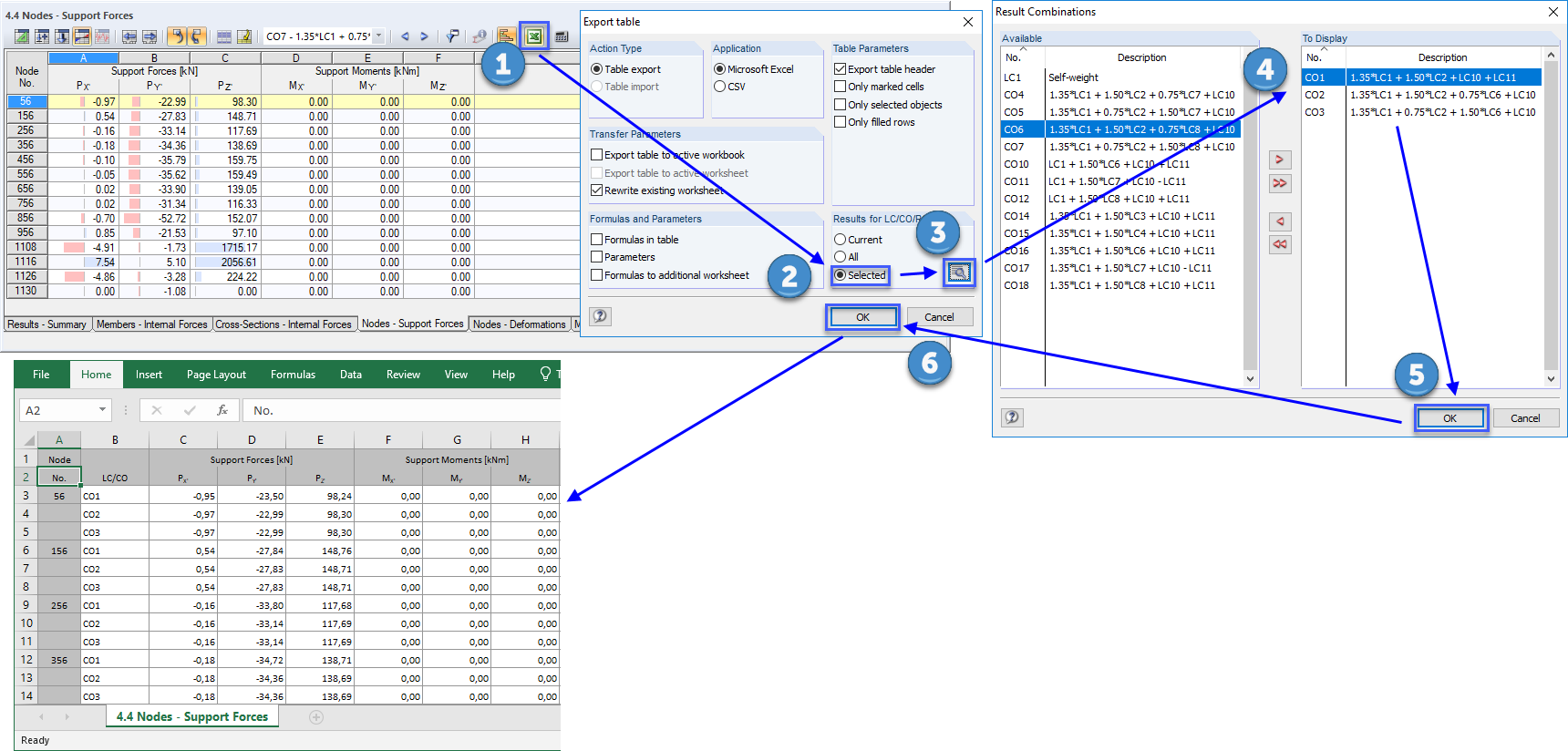 Exportation des forces d'appui nodales de CC/CO/CR sélectionnés vers Excel