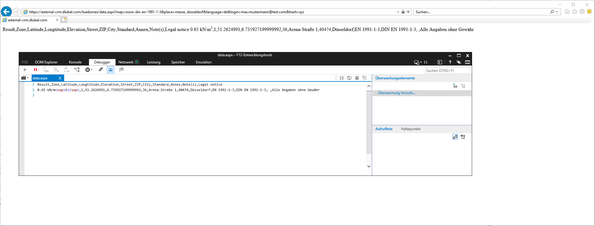 Réponse du service Web (tableau de données)