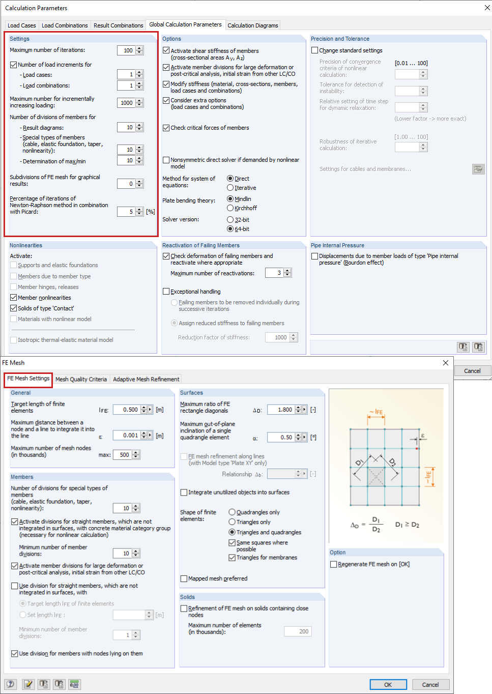 Réglage des paramètres de calcul et paramètres du maillage EF