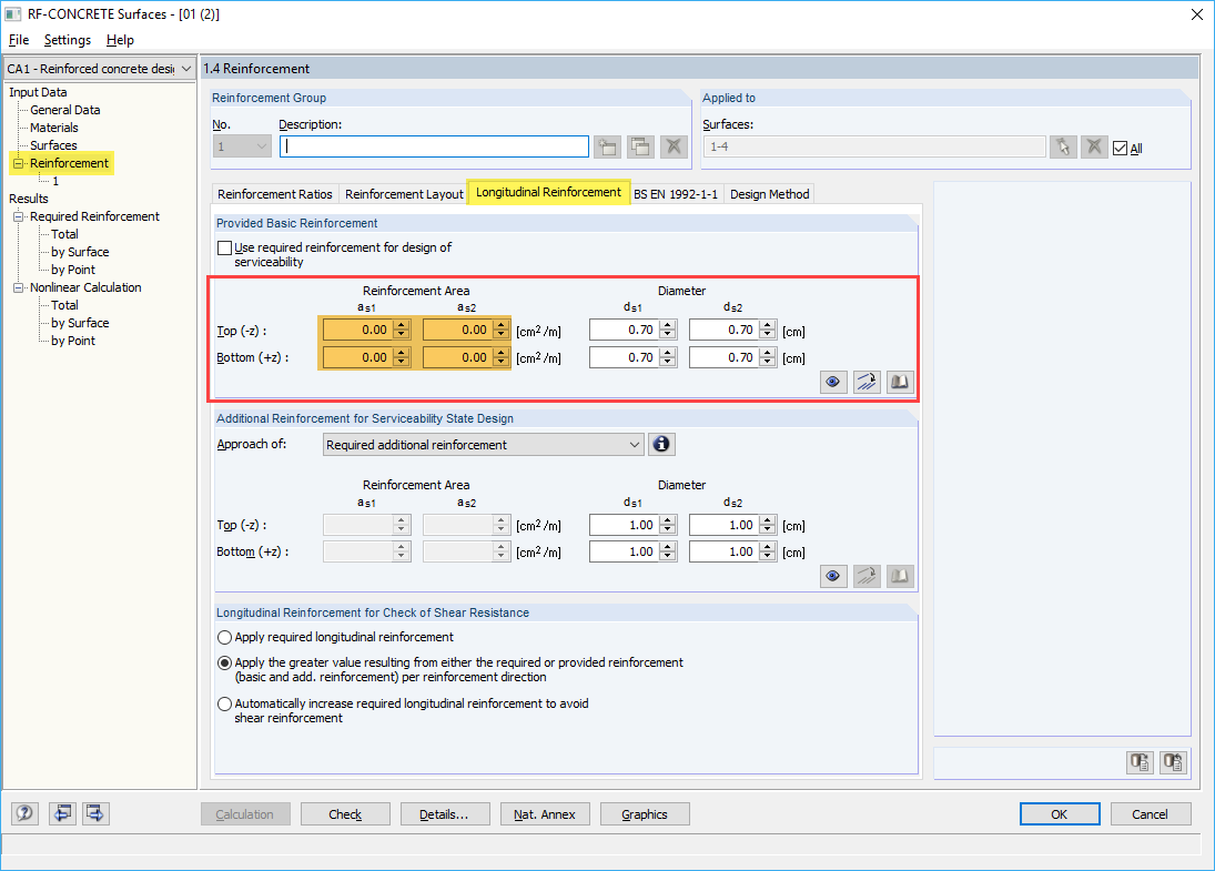 Option de définition des armatures de base