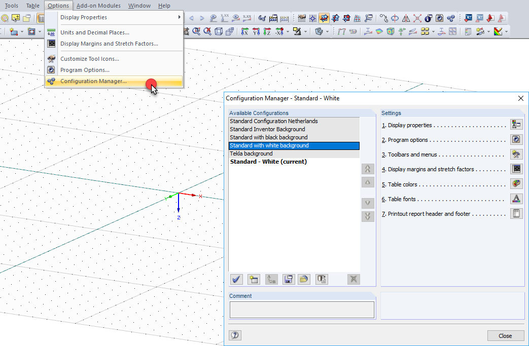 Ouverture du Gestionnaire de configuration via le menu Options