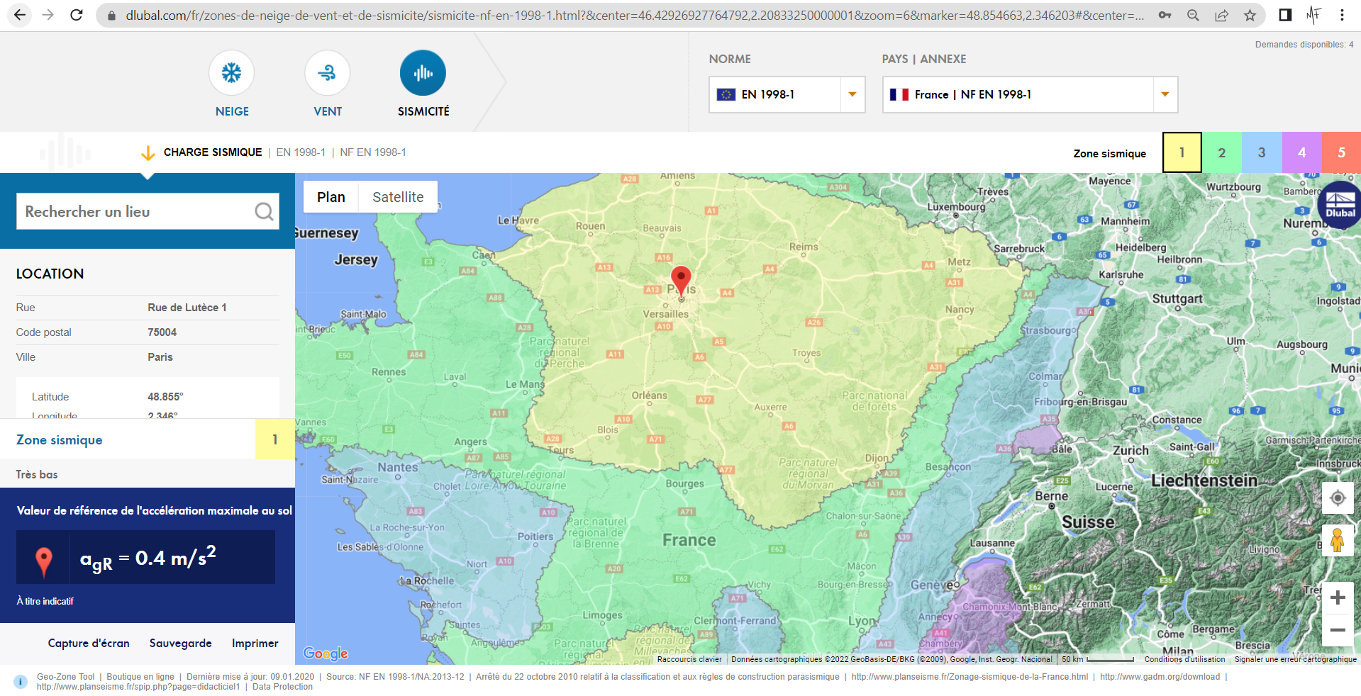 Service en ligne « Outil de géolocalisation : cartes des zones de neige, de vent et de sismicité »