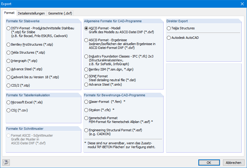 Boîte de dialogue de RFEM pour les exports