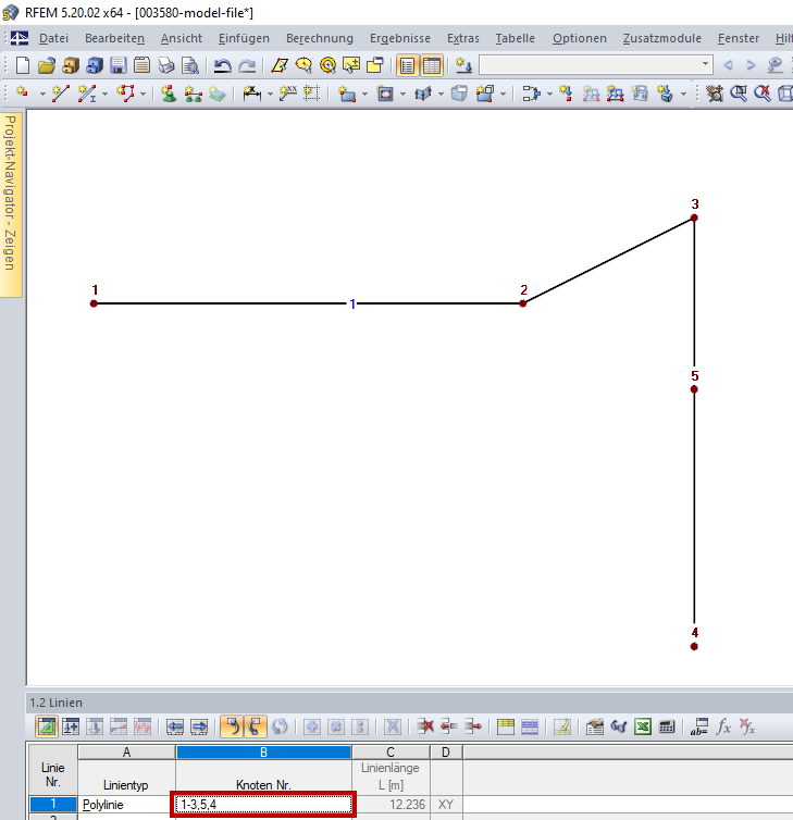 Polyligne dans l'ordre des Nœuds 1 → 2 → 3 → 5 → 4