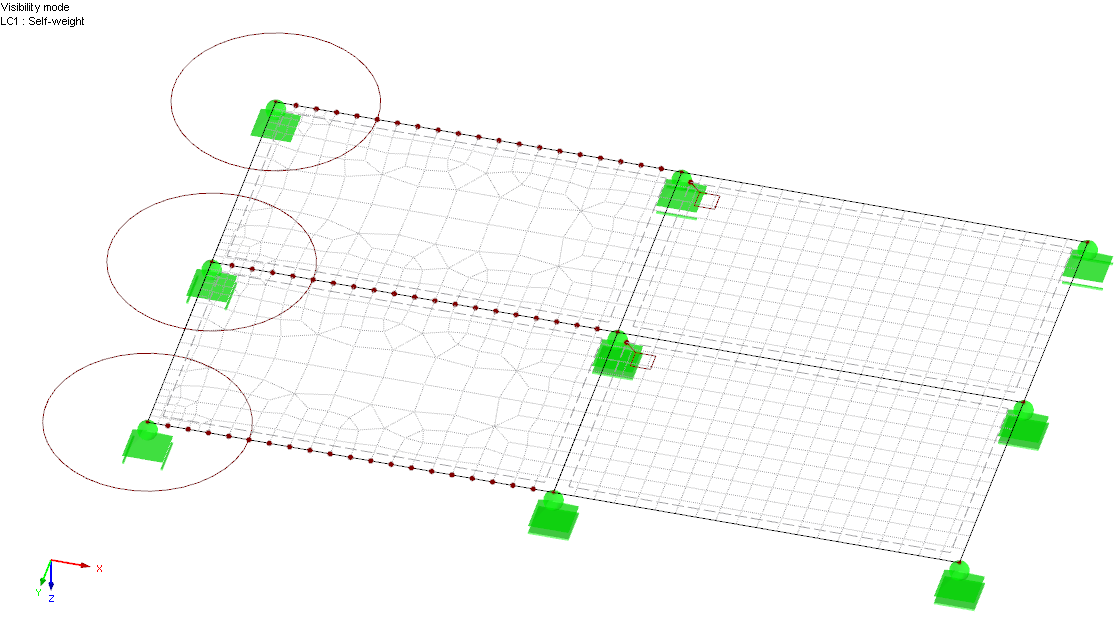 Modèle de surface avec raffinement du maillage EF sur les nœuds, les lignes et les surfaces