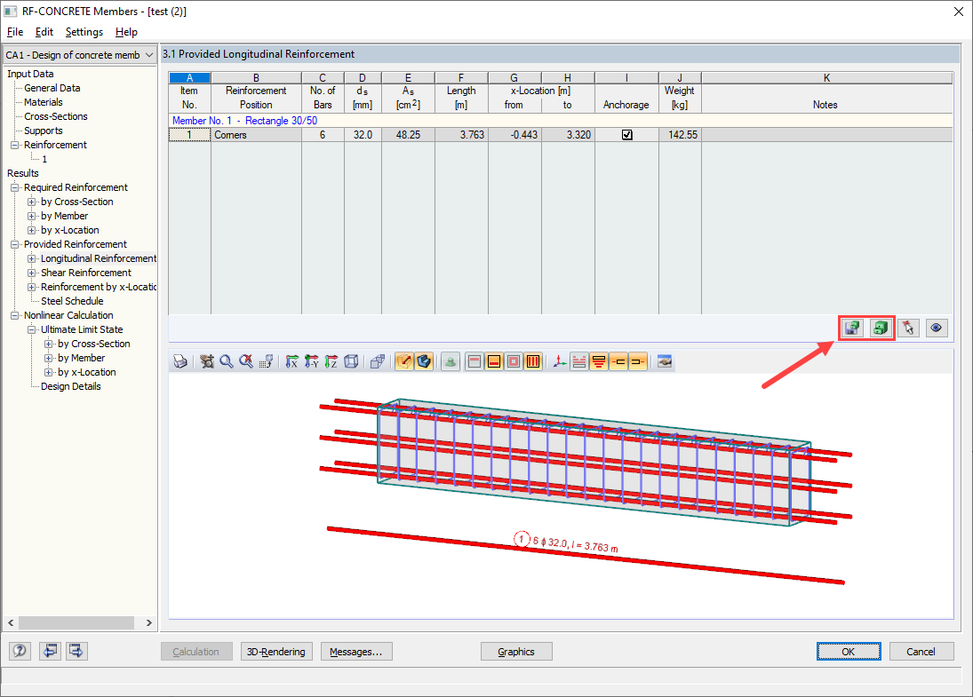 Armature dans le module additionnel RF-CONCRETE Columns