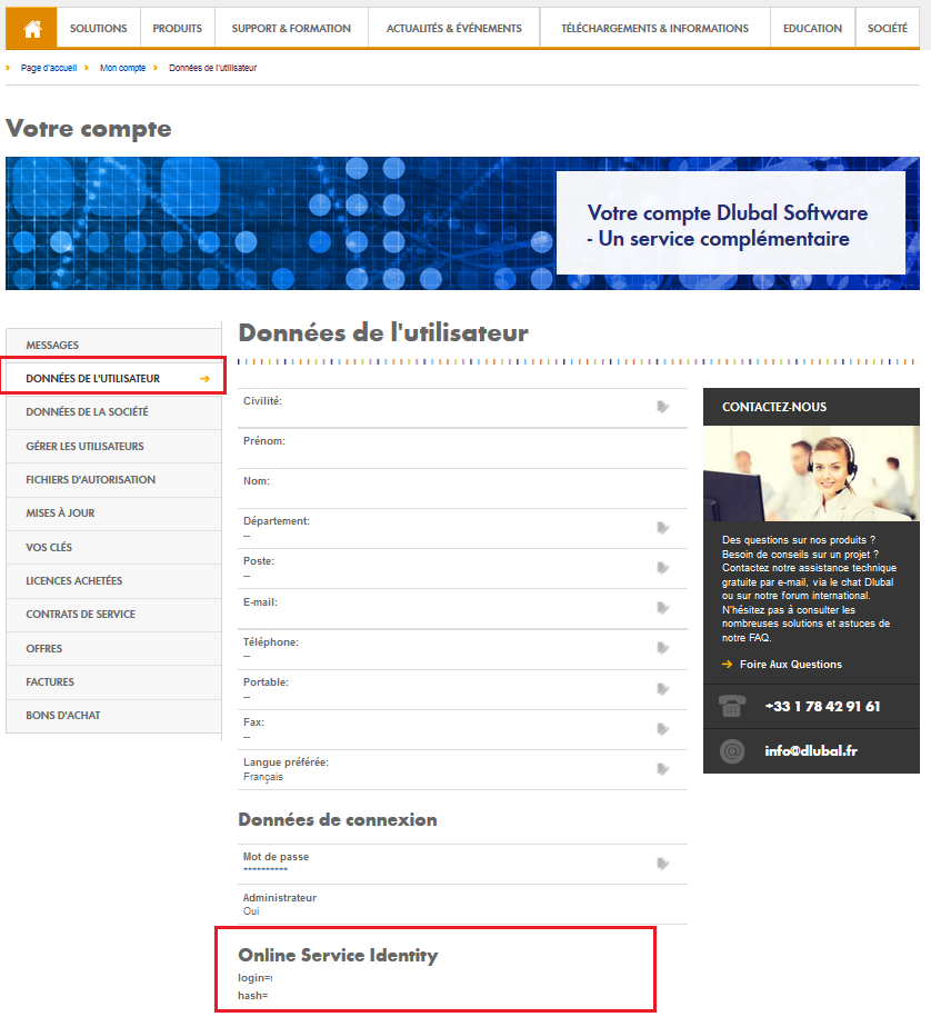 Identité pour le service en ligne dans le compte Dlubal