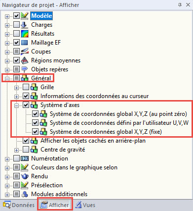 Paramètres d'affichage du système d'axes dans le navigateur Afficher