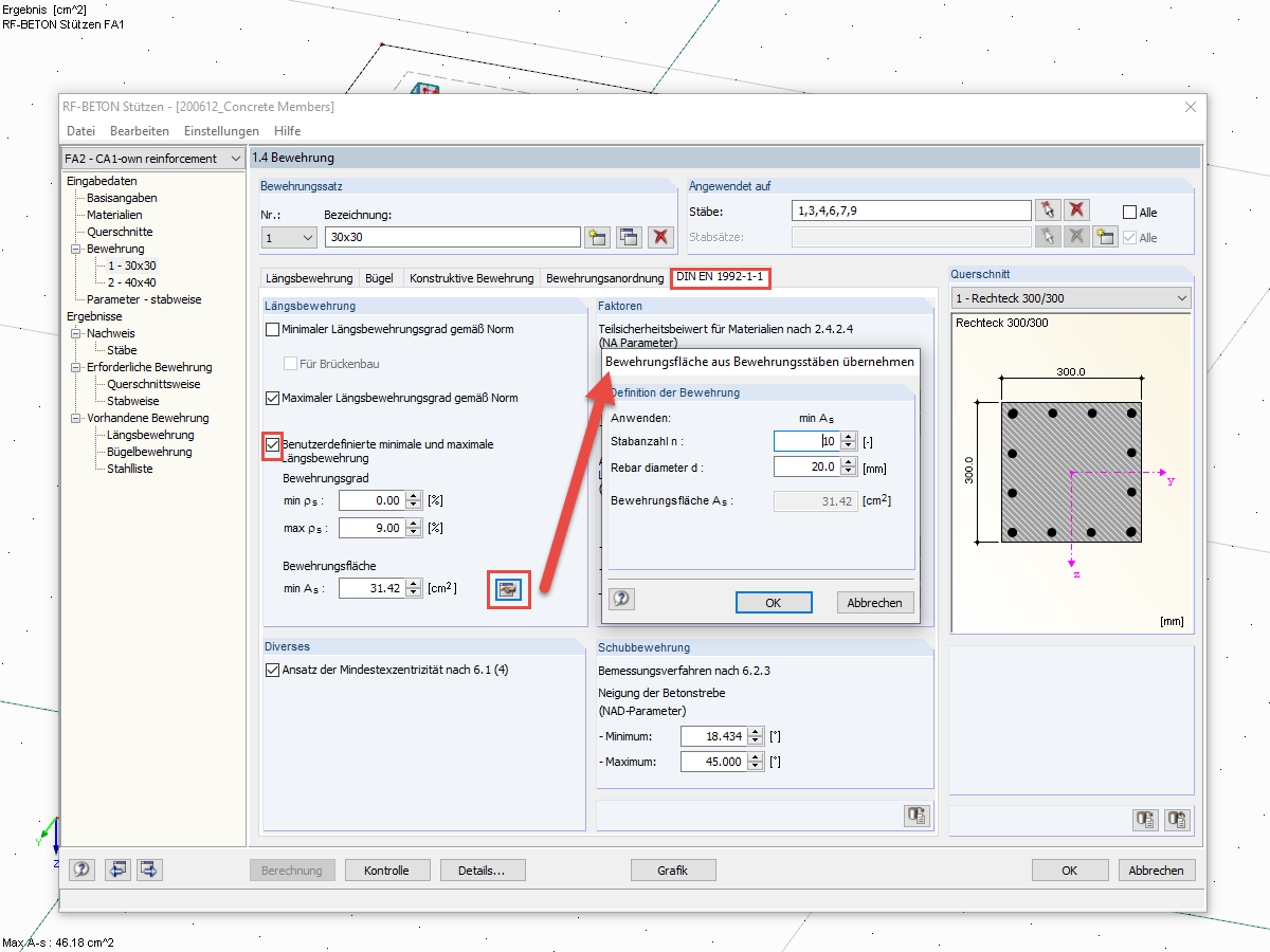 Fenêtre 1.4 avec la spécification de l'armature minimale pour la vérification dans RF-/CONCRETE Columns