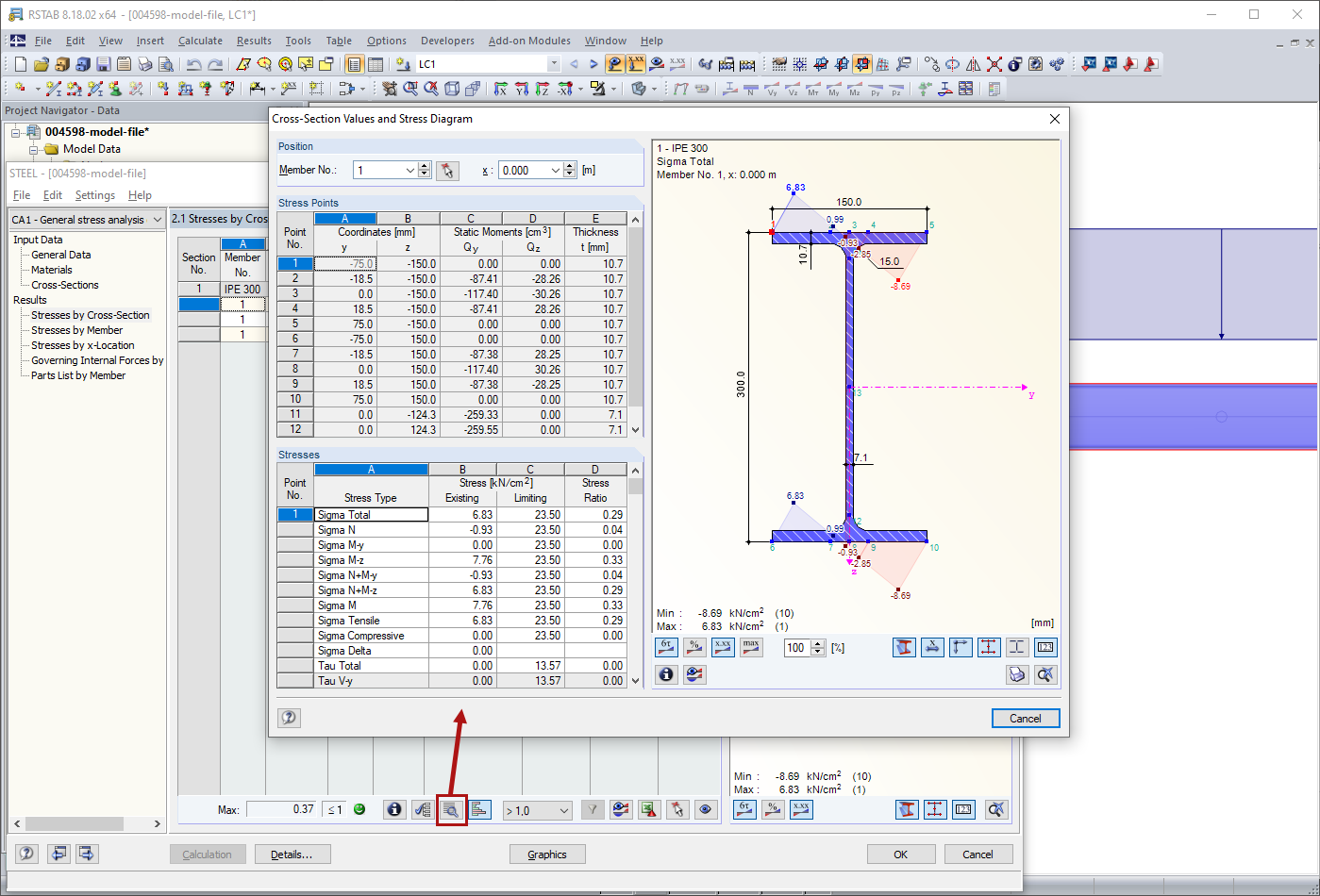 Valeurs de section et diagramme de contrainte