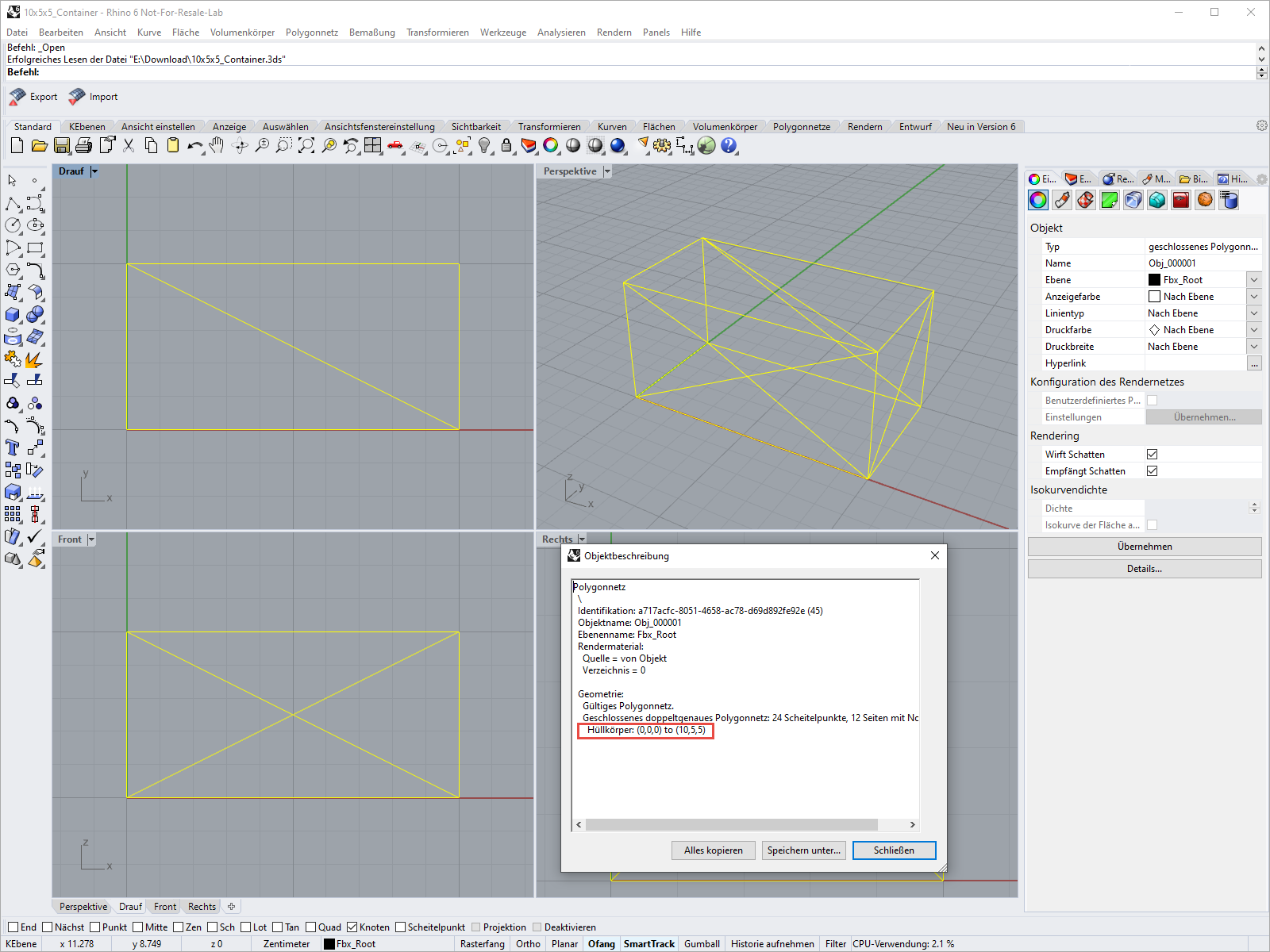 Dimensions de l'enveloppe dans Rhino 6