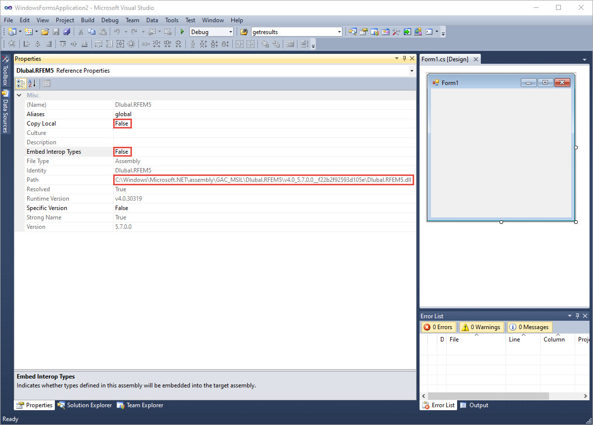 Chemin d'accès et propriétés de Dlubal.RFEM5.dll correctement intégré