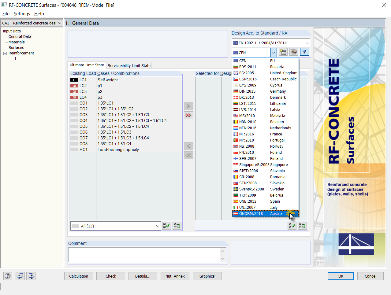 Fenêtre 1.1 dans RF-CONCRETE Surfaces avec sélection de l'Annexe Nationale « ÖNORM »